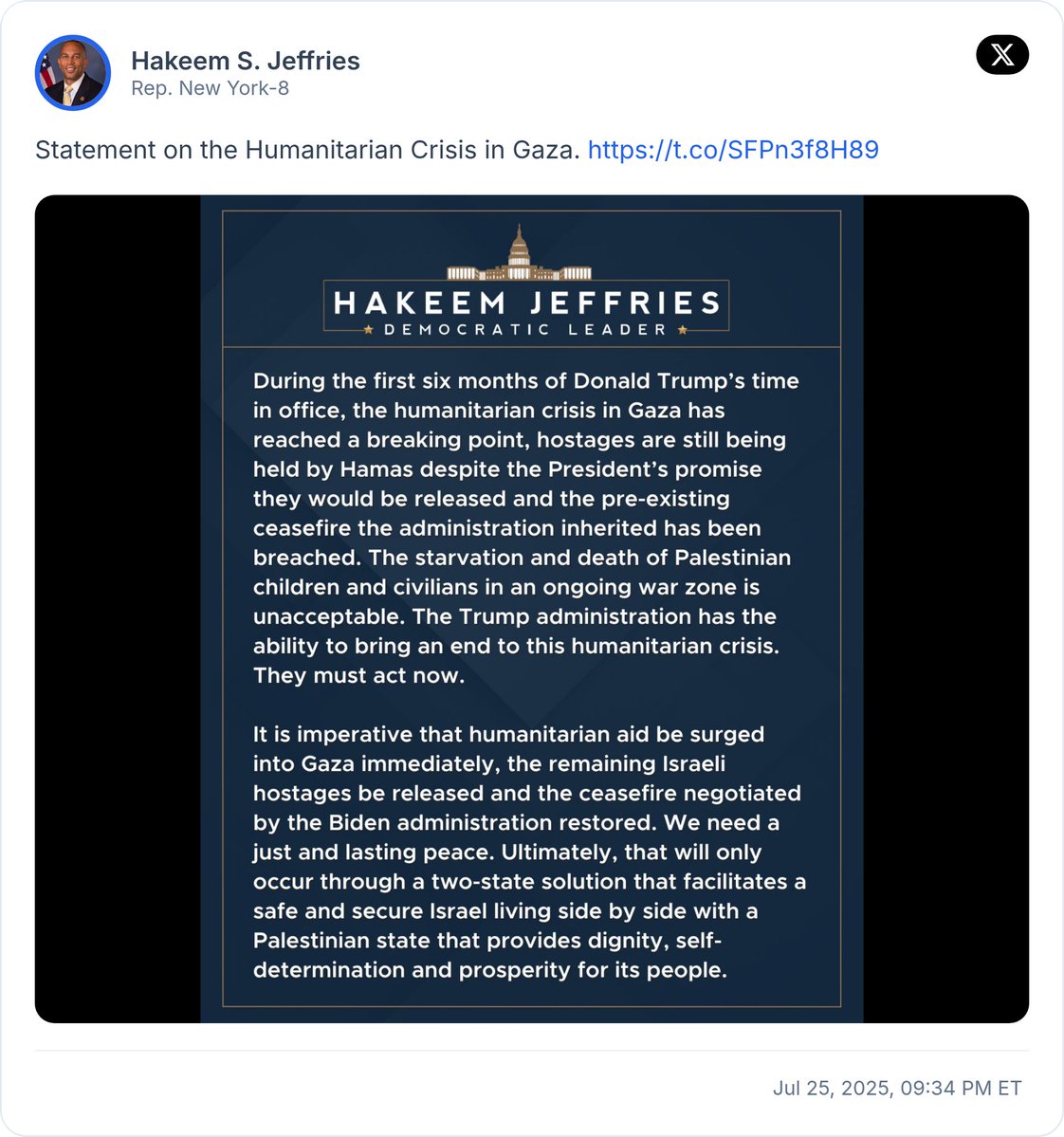CivicTracker's tweet image. Rep. Hakeem Jeffries issues statement on the humanitarian crisis in Gaza.