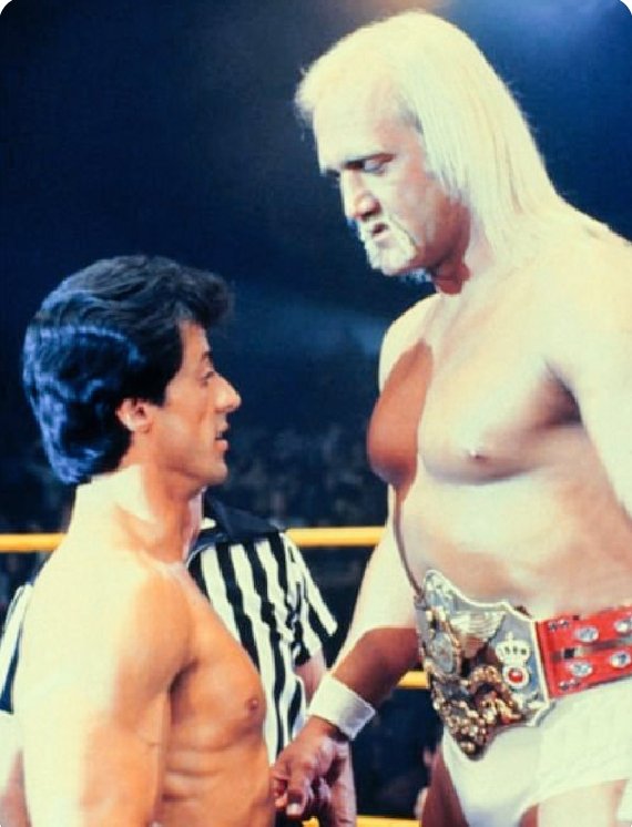 keeechan_0512's tweet image. 映画「ロッキー3」(1982)より。
シルヴェスター・スタローン(身長177cm)
ハルク・ホーガン(身長201cm)
※2人とも身長は公称