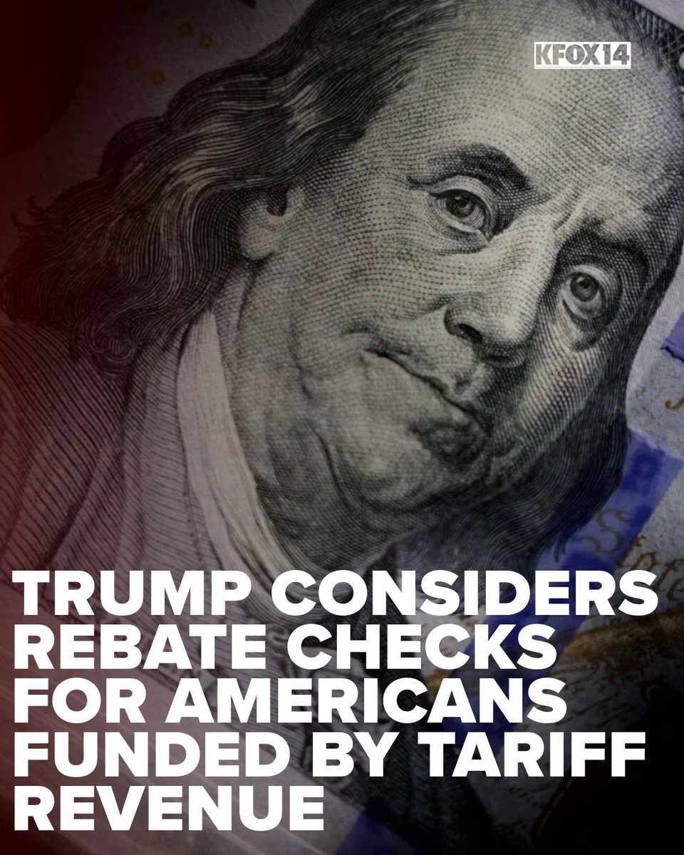 KFOX14's tweet image. REBATE CHECKS? President Donald Trump on Friday told reporters during remarks at the White House that he is considering offering a rebate check to Americans using additional money gained through his tariff policies. STORY: bit.ly/45namSs