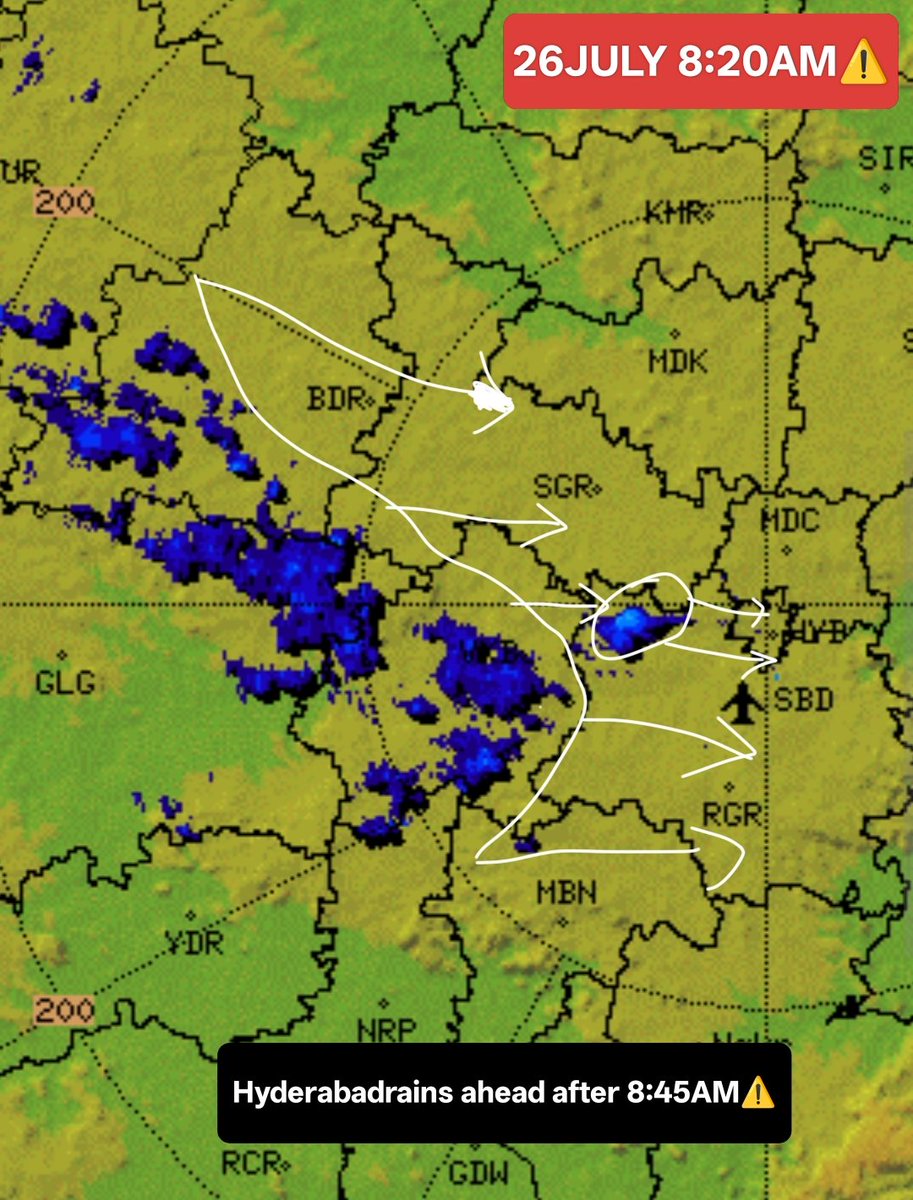 #26JULY 8:20AM⚠️

🌧️ Rain Alert #Hyderabad 🌧️
Light to Moderate Rain Spells forming around #Vikarabad are on the move!

🌩️ Get Ready, Hyderabad!
⏰ After 8:45 AM, expect showers across the city.

#Hyderabadrains