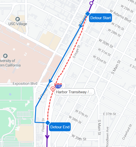 metrolaalerts's tweet image. J LINE: Buses will detour from 37th St./USC to Flower between 39th and 28th, from 10pm July 25 to approximately 5am on July 26, due to construction.
