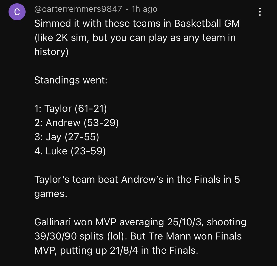 DownToDunk's tweet image. Folks, we have an upset. Shoutout to carterremmers9847 on YouTube for doing this. Congrats to @TaylorsTueCents!