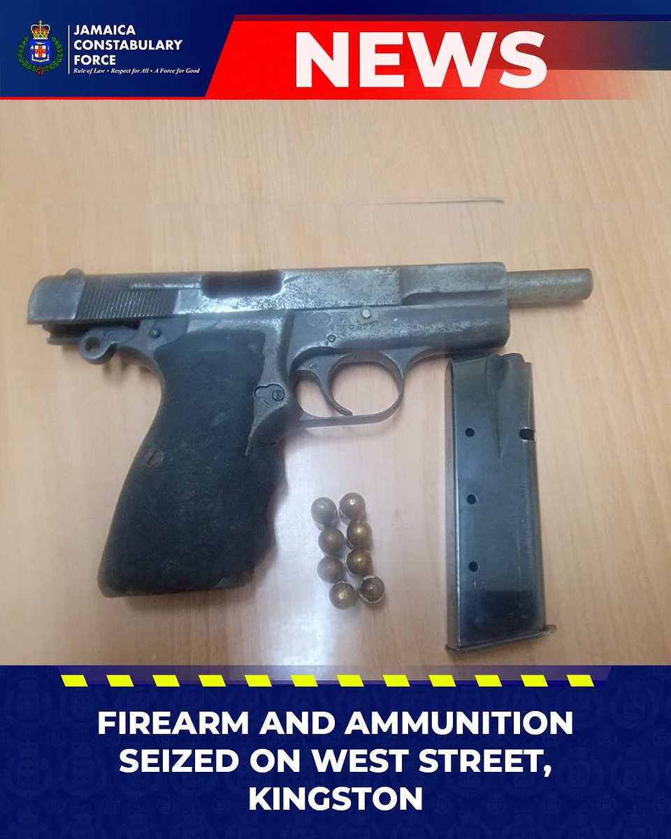 JamaicaConstab's tweet image. The Kingston West Police seized one Browning 9mm pistol fitted with a magazine containing eight 9mm rounds of ammunition on West Street in the parish today.
Investigations are currently ongoing.