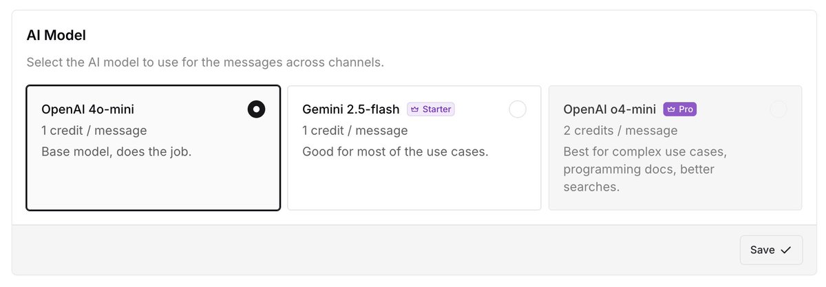 pramodk73's tweet image. Currently 3 models are available on CrawlChat.
- 4o-mini (free)
- Gemini 2.5-flash (starter)
- o4-mini (pro)
Good distribution. Will keep adding more as I experiment and see better results