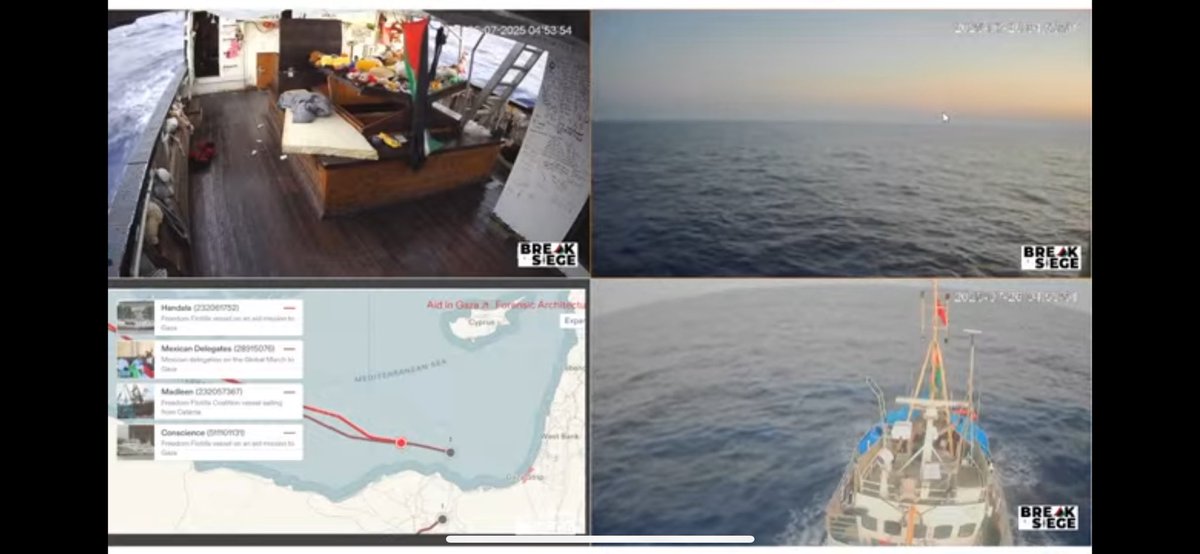 Sunrise. The Handala freedom flotilla is nearing the previous location of where contact was lost with the Madleen boat last month. And nearing the shores of Gaza. The next day of sailing will be decisive for the crew.