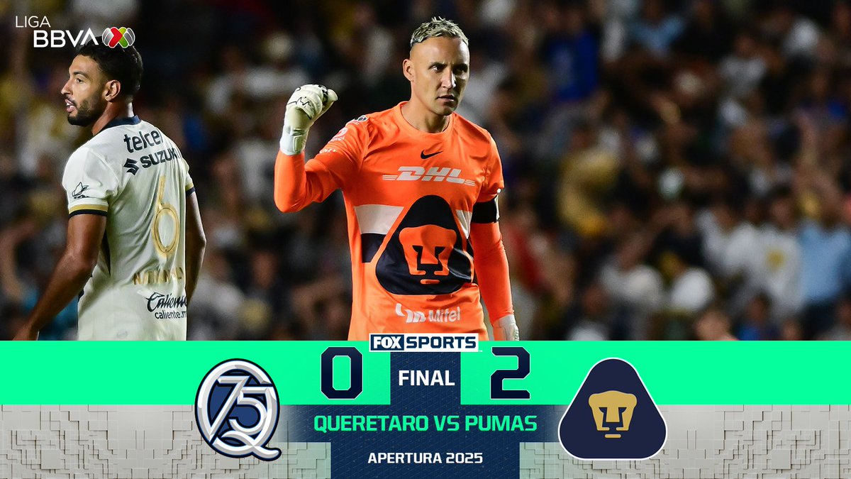 CentralFOXMX's tweet image. ¡EFECTO KEYLOR NAVAS! PUMAS YA GANÓ EN EL APERTURA 2025 🔥😎
#CentralFOX | Con goles de Guillermo Martínez y Jorge Ruvalcaba, Pumas venció a Querétaro en el debut de su portero estrella.