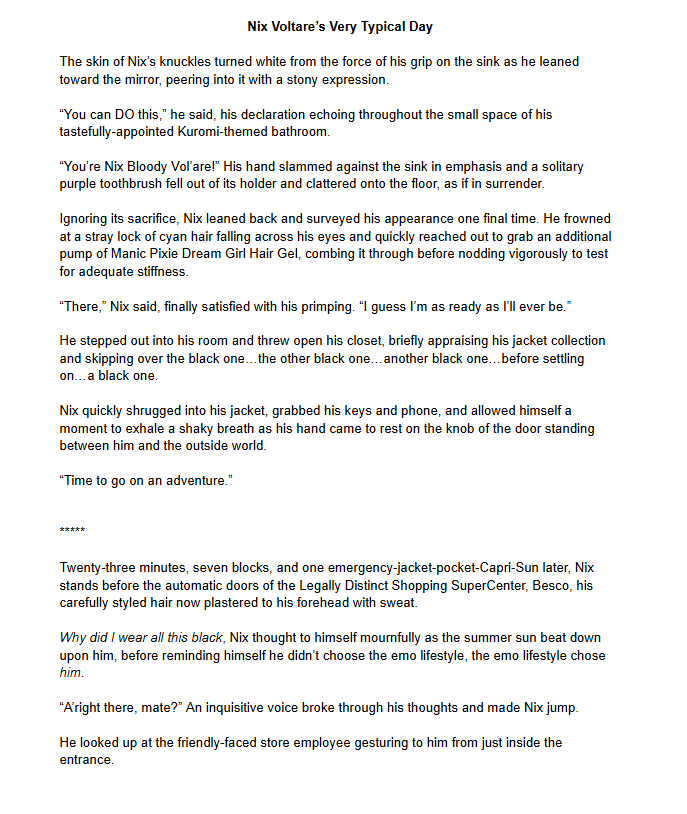justberryfornow's tweet photo. I joked about a story for Nix's fic reading stream, he took me seriously because he doesn't get my humor, and I NEVER back down from a bit so here we are -
Nix Voltare's Very Typical Day
(I have no ao3 account lmao I can only offer jpgs)
#NixFix https://t.co/BcTwavF53W
