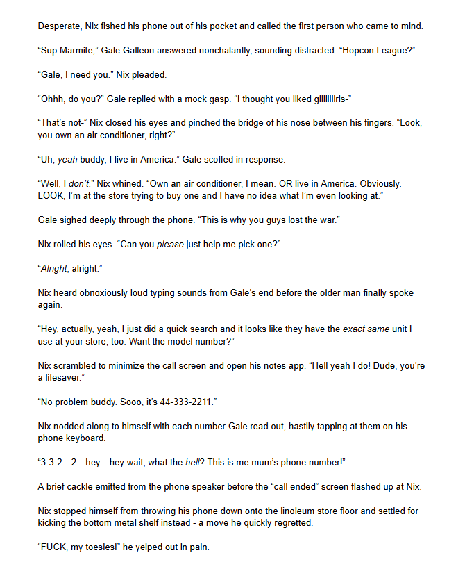 justberryfornow's tweet photo. I joked about a story for Nix's fic reading stream, he took me seriously because he doesn't get my humor, and I NEVER back down from a bit so here we are -
Nix Voltare's Very Typical Day
(I have no ao3 account lmao I can only offer jpgs)
#NixFix https://t.co/BcTwavF53W