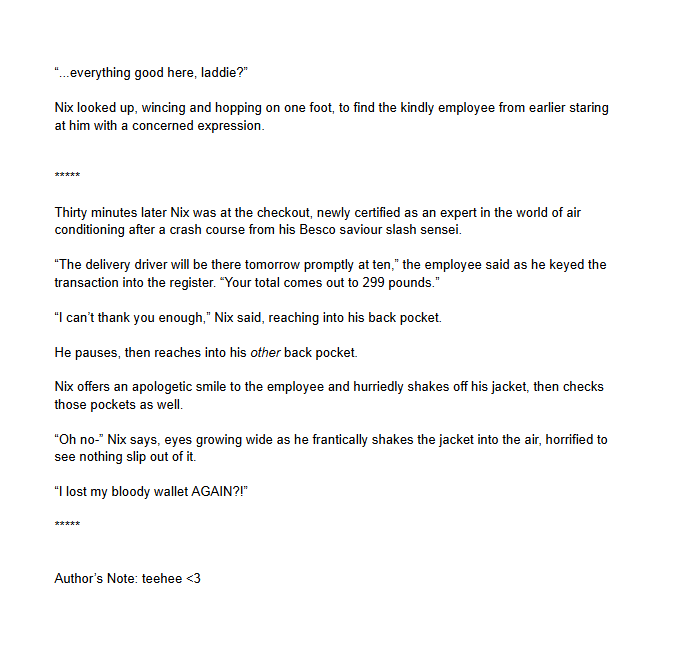 justberryfornow's tweet photo. I joked about a story for Nix's fic reading stream, he took me seriously because he doesn't get my humor, and I NEVER back down from a bit so here we are -
Nix Voltare's Very Typical Day
(I have no ao3 account lmao I can only offer jpgs)
#NixFix https://t.co/BcTwavF53W