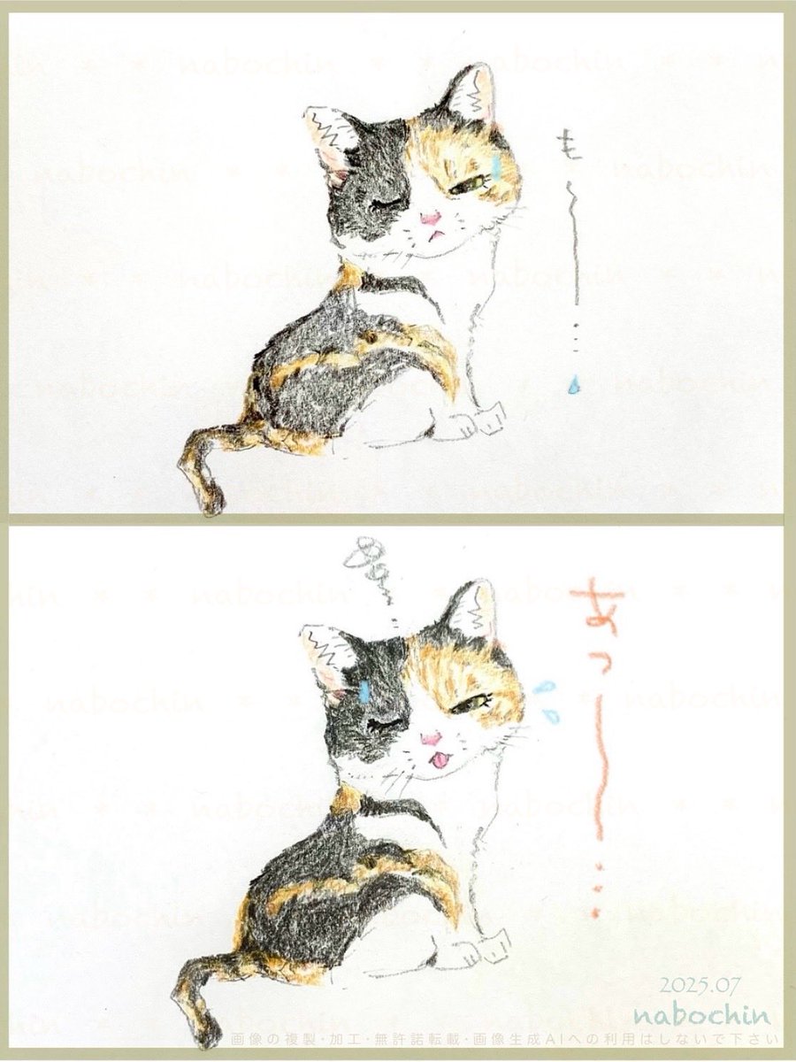 nabochin_2's tweet image. #趣味 #絵 #鉛筆画 #色鉛筆画 #イラスト #動物イラスト #猫イラスト ちょっと #ゆるいイラスト 

暑い…🫠