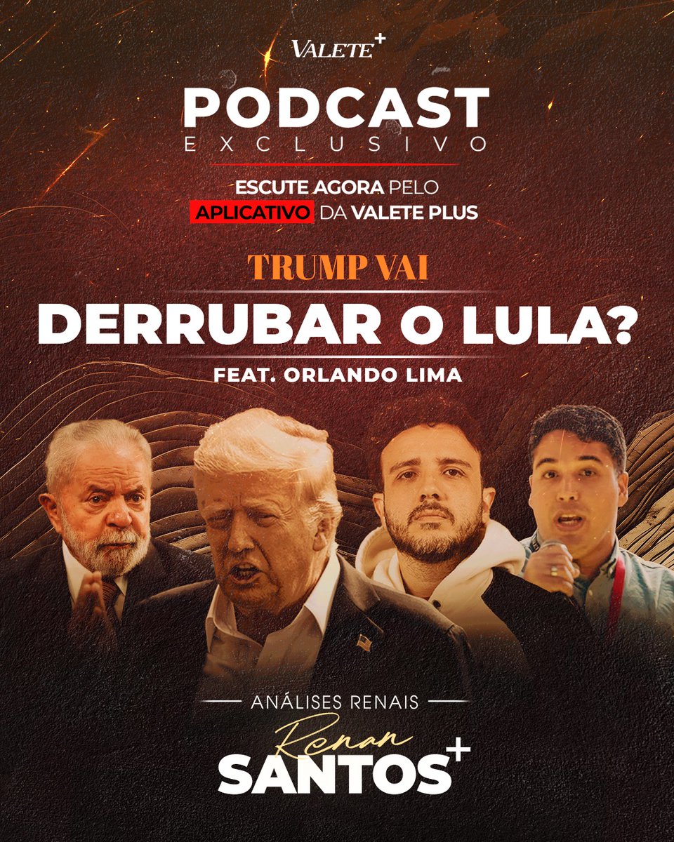 Valete+ (@valeteplus) on Twitter photo 🚨URGENTE: Trump está preparando a derrubada de Lula?
Podcast exclusivo com <a href="/RenanSantosMBL/">Renan Santos⬛️🟨⬜️</a> e <a href="/opslima/">Orlando Lima 🇦🇲🇹🇼</a> analisando os próximos passos do governo americano contra o Brasil.
Ouça TOTALMENTE grátis no app Valete Plus!
Acesse agora: app.valete.org.br 🚨URGENTE: Trump está preparando a derrubada de Lula?
Podcast exclusivo com <a href="/RenanSantosMBL/">Renan Santos⬛️🟨⬜️</a> e <a href="/opslima/">Orlando Lima 🇦🇲🇹🇼</a> analisando os próximos passos do governo americano contra o Brasil.
Ouça TOTALMENTE grátis no app Valete Plus!
Acesse agora: app.valete.org.br