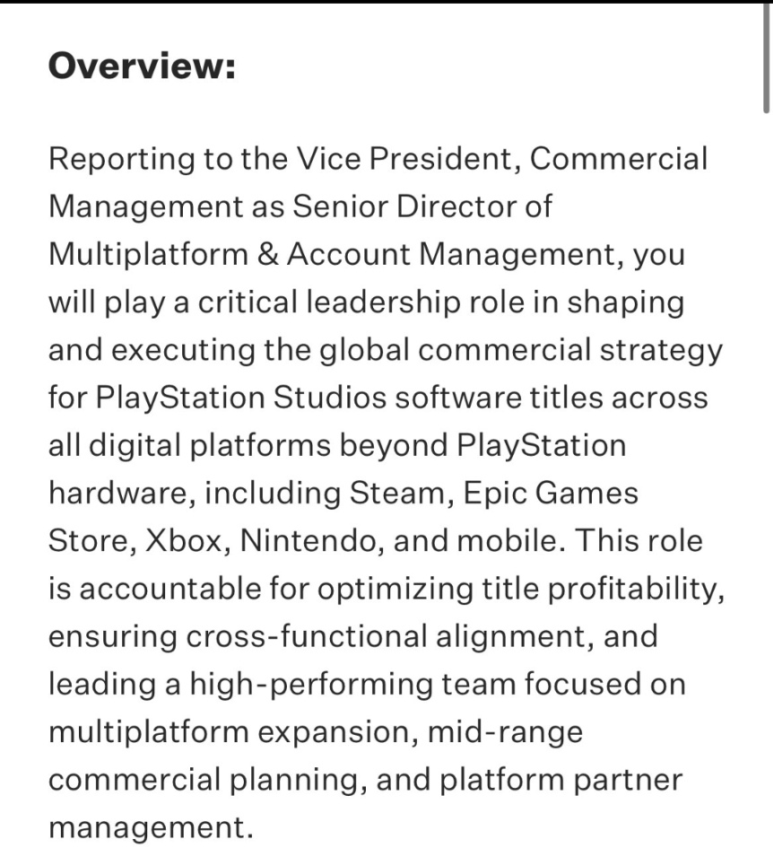 SpawnYaardReply's tweet image. A job listing suggesting that Sony wants to expand to other platforms.
What titles? We Don't know.
