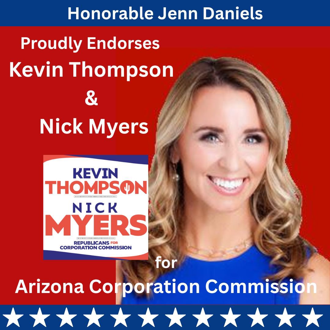 VoteKThompson's tweet image. The @VoteKThompson & @votenickmyers team are proud to have the support of the Honorable Jenn Daniels. @GilbertJenn is the former mayor of Gilbert and a dynamic leader. Thank you for your unwavering support!