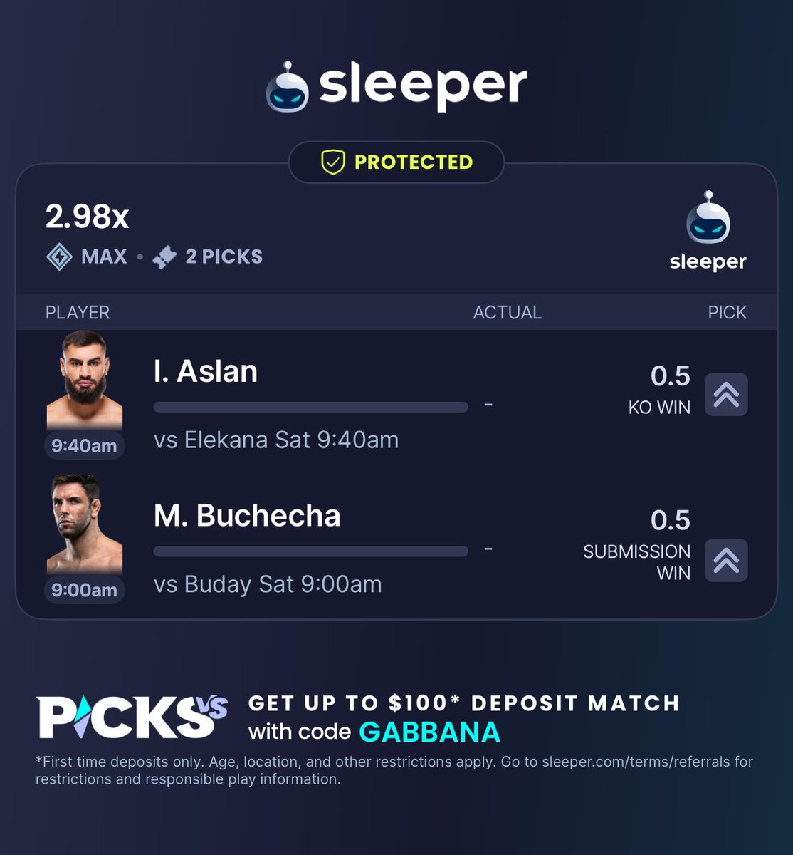 GabbanaProps's tweet image. 🚨 Sleeper just dropped a protected MMA promo 🚨
Sleeper drops Promos and Profit Boosts like this one every day! 🔒
I ran this MMA promo using @MJGambles picks 🥊
Join Sleeper now and use code “GABBANA” for a $100 deposit match ⬇️
sleeper.com/promo/GABBANA
First 25 people to…