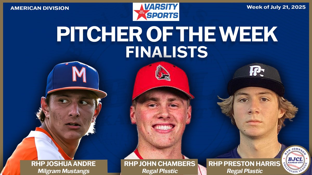 BanJohnsonBSB's tweet image. Congrats to our American Division Varsity Sports Pitcher of the Week finalists! Look for our winner on Sunday! #BJCL
Milgram Mustangs RHP Joshua Andre (@JoshAndre_25 / @MCC_ATH)
Regal Plastic RHP John Chambers (@BallStateBB )
Regal Plastic RHP Preston Harris (@Prestonharris55…