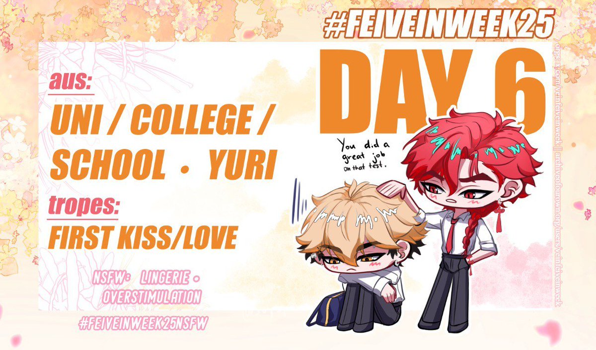 [ DAY 6 ] of #feivein week is now here!

It's only 2 days left, can you imagine 🥹

📌 Use the following tags when posting your works: #FeiVeinWeek25 or #FeiVeinWeek25NSFW 
📌 AO3 feivein collection is now open ✨
📌 Feel free to tag our acc✨