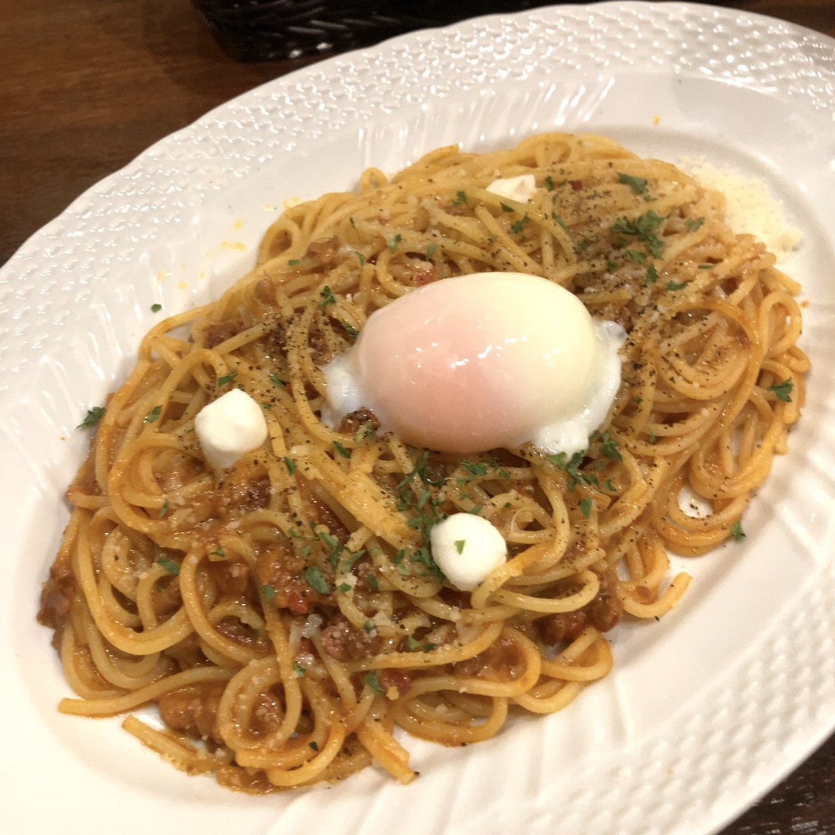 orendikun's tweet image. おっ昼〜は、カルボナーラミートソース🍝
朝ごはん抜きだったから、お腹ペッコペコ〜
(ノ∀`*)
温玉トロ〜リでウマウマ〜♫
#ランチはプチモリ