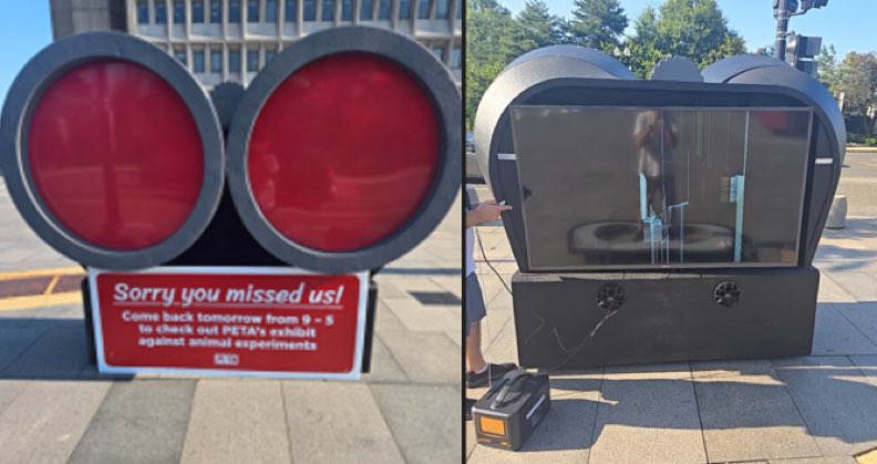 AnimalUnite's tweet image. Supremacist thugs have vandalized, destroyed an eye-opening exhibit by @PETA outside DHHS in Washington.
Cameras, especially in DC, are everywhere, so it shouldn’t be hard to catch the perpetrators. When done, their sentence should be confinement in the labs they want to defend.