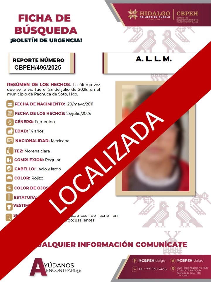 CBPEHidalgo's tweet image. La Comisión de Búsqueda de Personas del Estado de Hidalgo, localiza a una menor de edad, con iniciales: A. L. L. M. E., en la ciudad de Pachuca de Soto.