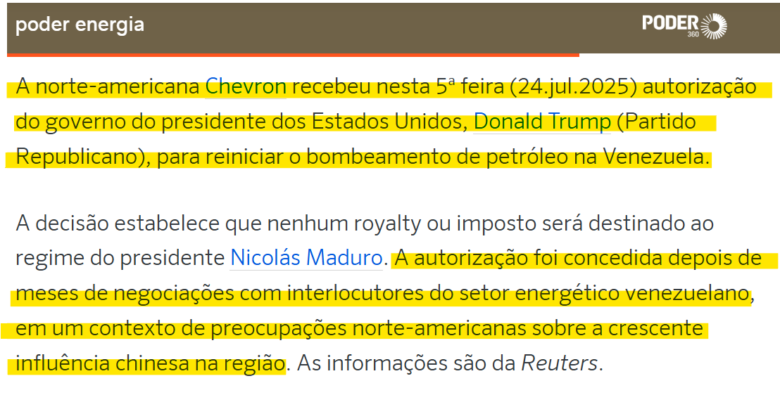 Marcelo97001199's tweet image. Dia 24 de julho de 2025: Trump autoriza a Chevron a retomar a exploração de petróleo na Venezuela.
Dia 25 de julho de 2025: A Venezuela rompe, de forma unilateral e sem explicações, um Acordo de Complementação Econômica com o Brasil e anuncia a cobrança de tarifas de até 77%…