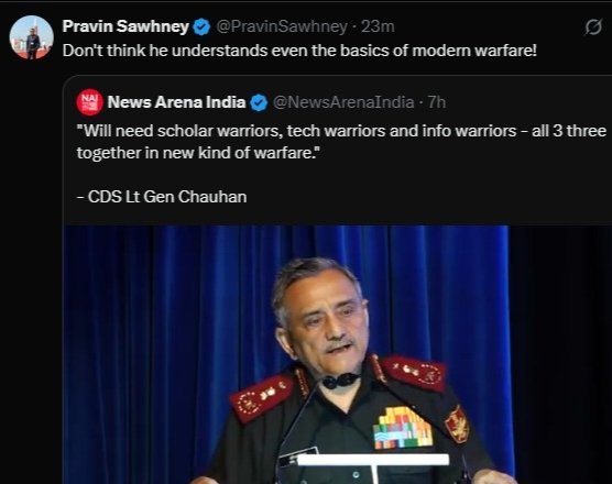 Bhatia_Sikh's tweet image. Why can't any ex defence personnel lodge complaint against this moron @PravinSawhney who is openly insulting our respected CDS He needs to be out behind the bars
@LtGenDPPandey
@Ltcolonelvikas
@SoldierNationF1
@SpokespersonMoD
@Ptr6Vb
@adgpi
@palepurshankar
@MajorPoonia