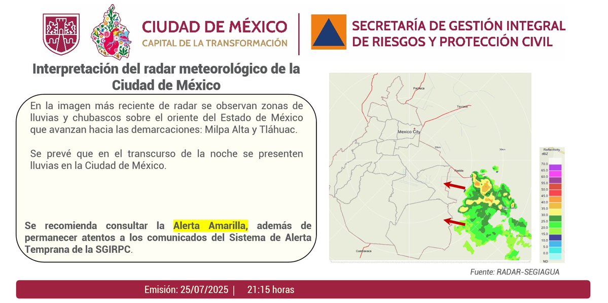 SGIRPC_CDMX's tweet image. Se observan zonas de lluvias y chubascos sobre el oriente del Estado de México que avanzan hacia las demarcaciones @GobMilpaAlta y @TlalpanAl. Mantente informado. #PronósticoDelTiempo #LaPrevenciónEsNuestraFuerza #Tlaloque #OperativoLluvias2025