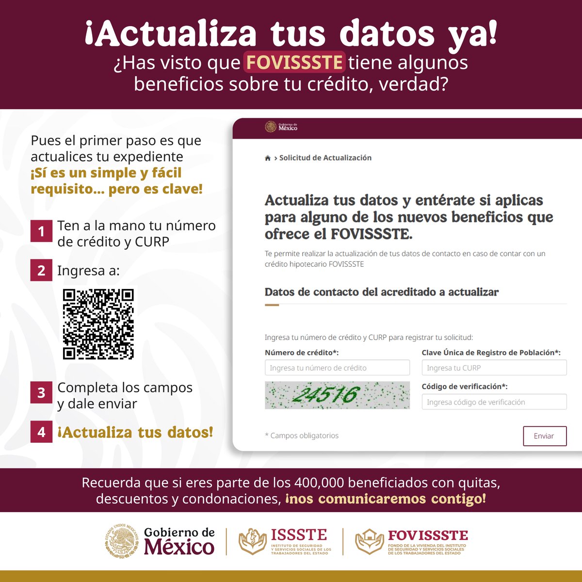 ISSSTE_mx's tweet image. Con tus datos al día, @FOVISSSTEmx puede notificarte directamente si sales beneficiado con sus programas de apoyo. 🏠💬
📌 Actualizar es muy sencillo, mira: 👇🏼
Todo en línea: goo.su/nw1JIcg y rápido, no tienes que hacerlo presencial.
Si tienes dudas llama al 📞 800…