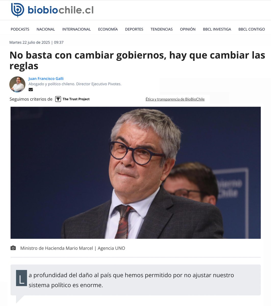 No basta con cambiar gobiernos, hay que cambiar las reglas

"Urge una reforma al sistema político chileno", dice <a href="/GalliJF/">Juan Francisco Galli</a> en @BioBio.

¿Estamos dispuestos a discutir cambios estructurales para evitar este tipo de disfuncionalidades?

Más: pivotes.cl/contenidos/col…