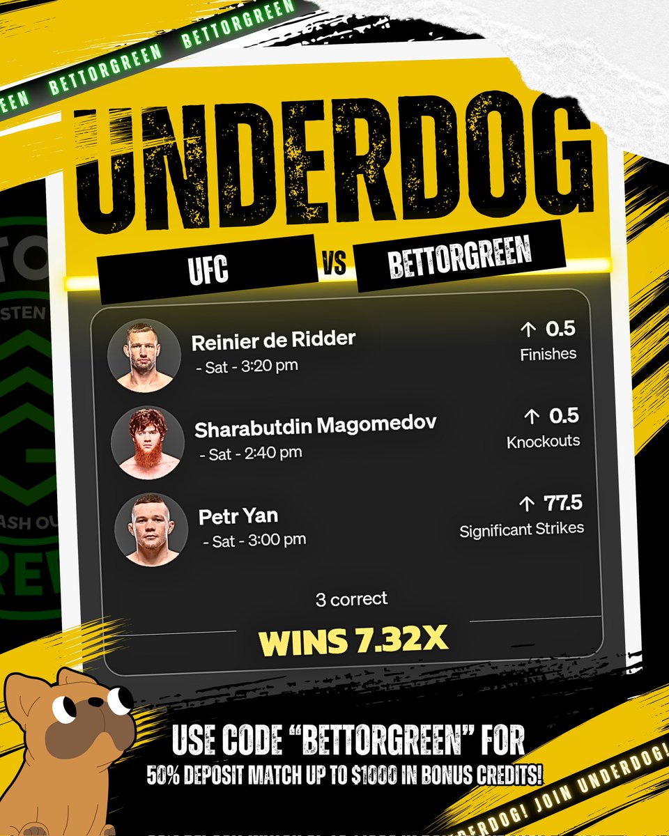 Use code "Bettorgreen" for a 50% deposit match on Underdog TODAY!

#ufc #ufcfightnight #ufcabudhabi #underdog #underdogfantasy #dfs