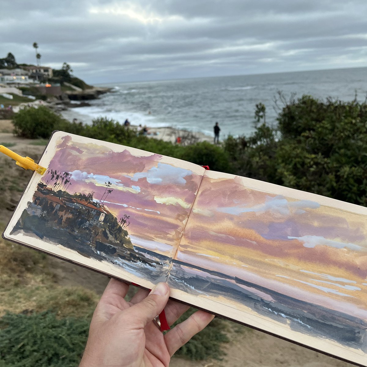 Jared_Cullum's tweet image. Sunset San Diego - Windansea beach watercolor on toned sketchbook