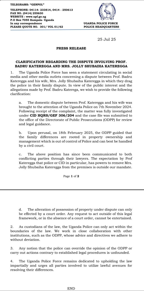 keith__klein's tweet image. About the dispute involving Prof Badru Kateregga & Mrs.Jolly Shubaiha Kateregga,@PoliceUg says it advised the parties involved through their lawyers to take the matter to civil court.Police or @CID1_UG in particular can't evict Mrs. Kateregga because that is outside its mandate.