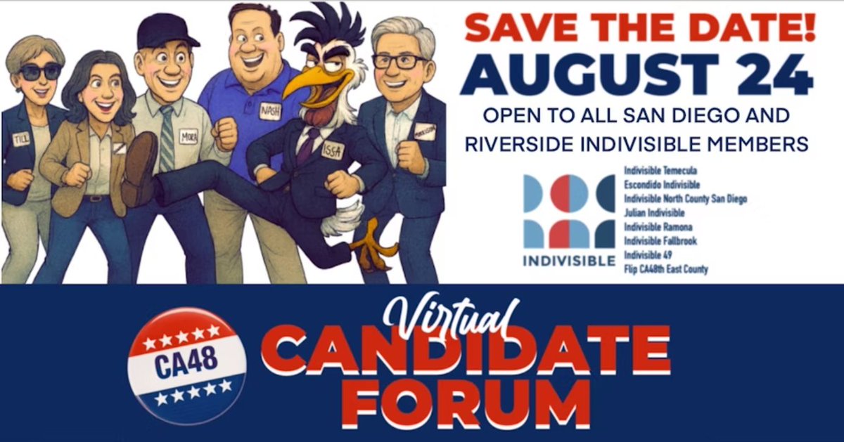 curtisforCA48's tweet image. Virtual Candidate Forum featuring the five Democratic challengers running to unseat Darrell Issa in California’s 48th Congressional District.
🗓 Date: Sunday, August 24 🕓 Time: 4:00 PM PST
mobilize.us/indivisiblenor…