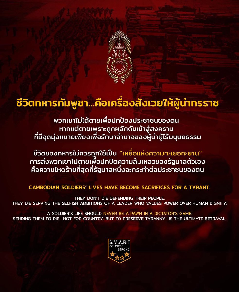 manopsi's tweet image. Cambodian soldiers didn’t die defending their people. They died serving selfish ambitions of a leader who values power over human dignity.
A soldier’s life should never be a pawn in a dictator’s game.
Sending them to die “not for country, but to preserve tyranny” is the ultimate…