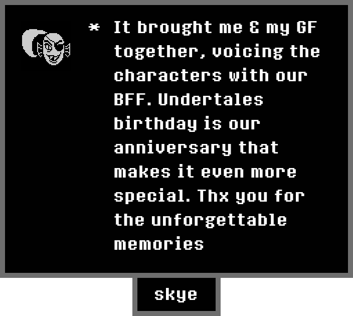 LunaEclipse03's tweet photo. @tobyfox Thank you for everything. Your games mean everything to me, gave me everything  and everyone I care about today. Thank you for the games that created a community worth of creative thinkers and  memories nothing else can replace 💜 https://t.co/DAQbx0Mk9g