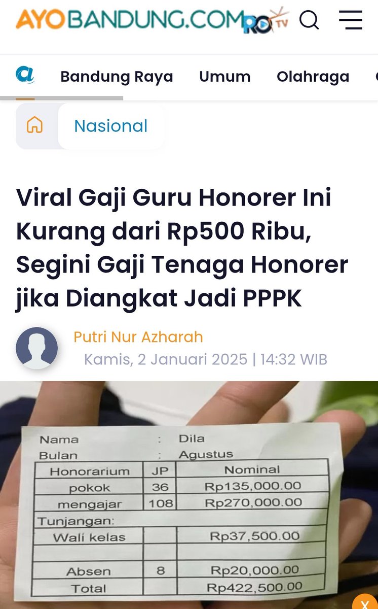 Bila garis kemiskinan 20 Ribu/hari atau Rp600 Ribu/bulan, berarti Guru Honorer ini masuk dalam Garis Kemiskinan? 

Viral Gaji Guru Honorer Ini Kurang dari Rp500.000 😭