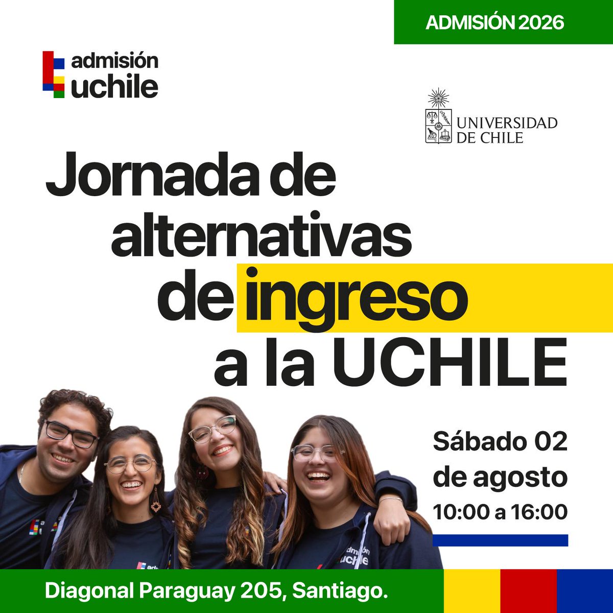 uchile's tweet image. El próximo SÁBADO, 2 de agosto, desde las 10 a las 16hrs. te esperamos en la Jornada de Alternativas de Ingreso a la U. de Chile 2026 en @fenuchile. Más detalles en: uchile.cl/u229958