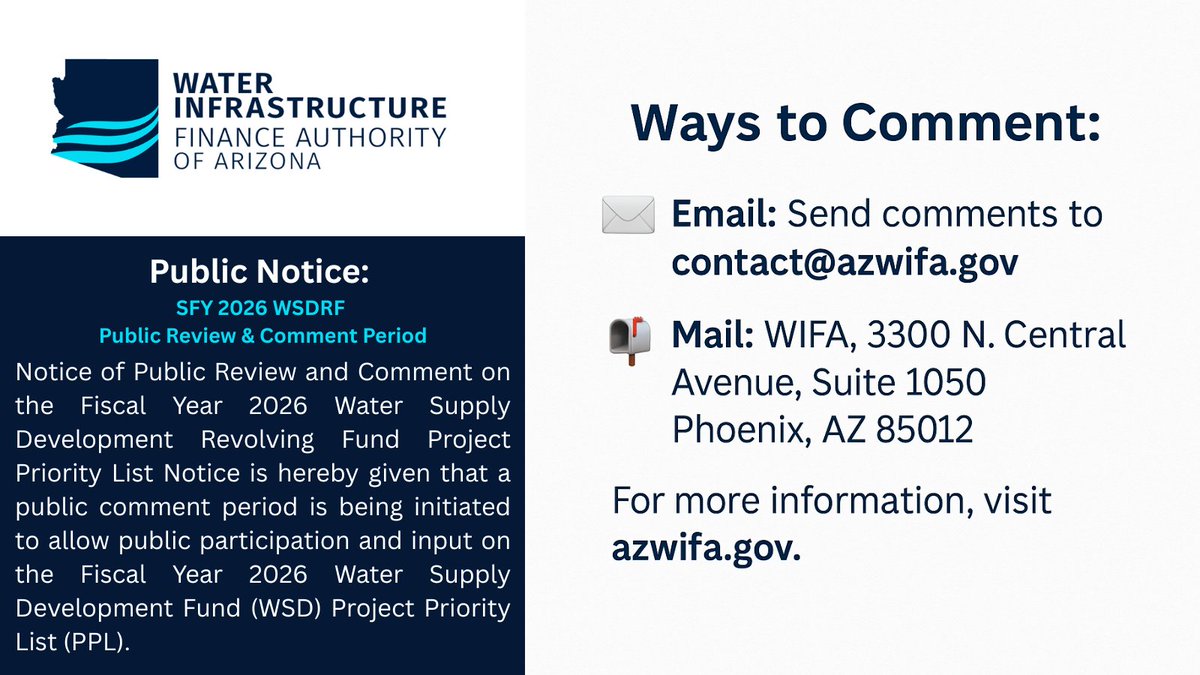 WIFA is seeking public input on the Fiscal Year 2026 Water Supply Development Project Priority List.  Submit your comments by August 8!  Learn more at azwifa.gov. #AZWater #WIFA