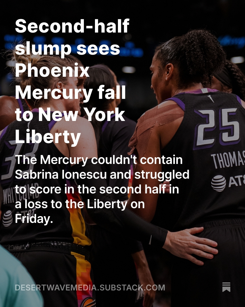 DesertWaveCo's tweet image. STORY: In a tale of two halves, the Phoenix Mercury fell apart after the break in an 89-76 loss to the New York Liberty on Friday.
More from @veenstra_david:
open.substack.com/pub/desertwave…
#WNBA