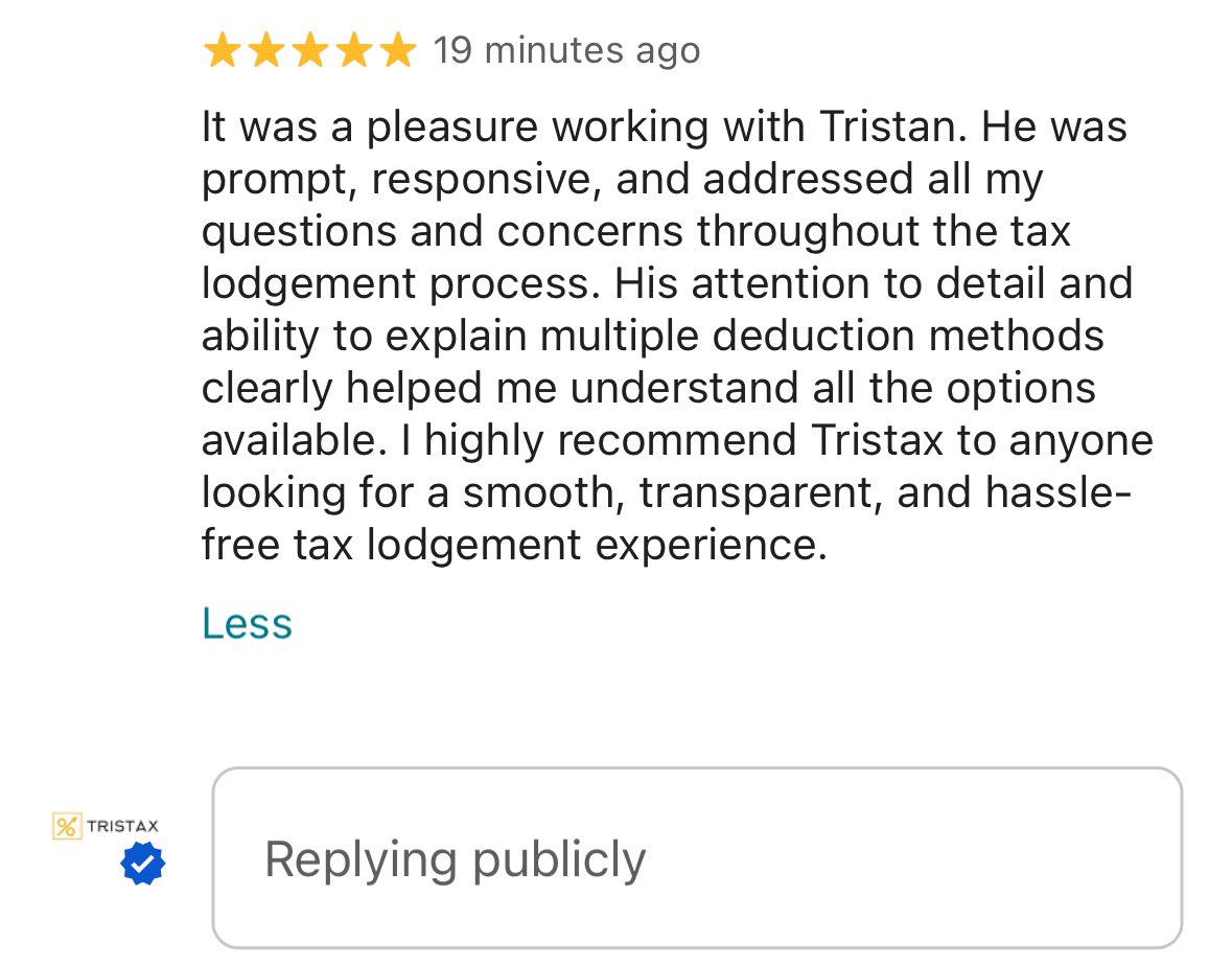 hurdle_rate's tweet image. Tristax just received its 13th consecutive 5-star review.

If you’re looking for a painless and efficient tax lodgement experience for entities of all types feel free to reach out