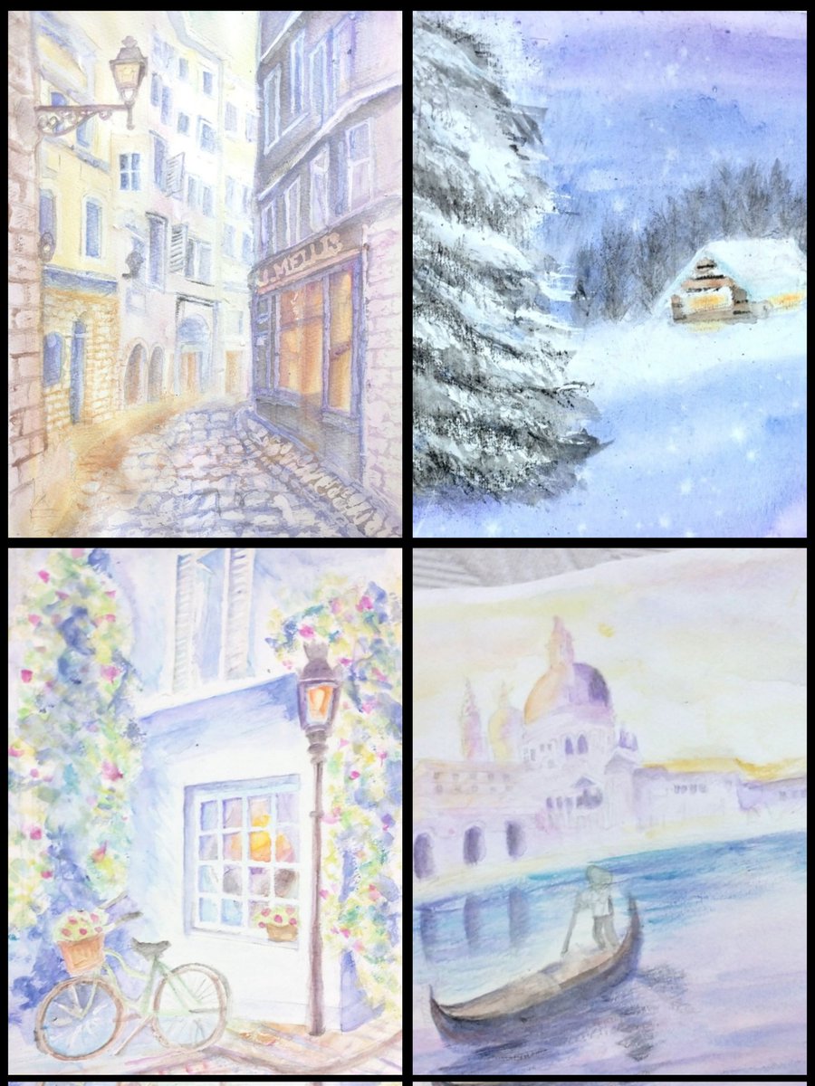 shallowsleep21's tweet image. 最近動物の絵ばかりだから、また久しぶりに風景画も描きたいな〜🎨
(ただめっちゃ時間かかる💭左上のなんて12時間ぐらいかかった😂💦)
基本絵は動物、風景、お花とか描いてます!
デジタルも挑戦したことあるけど無理過ぎたのでアナログのみ🥺💦
カラー筆ペンと水彩色鉛筆が好きです💓
#絵 #風景画