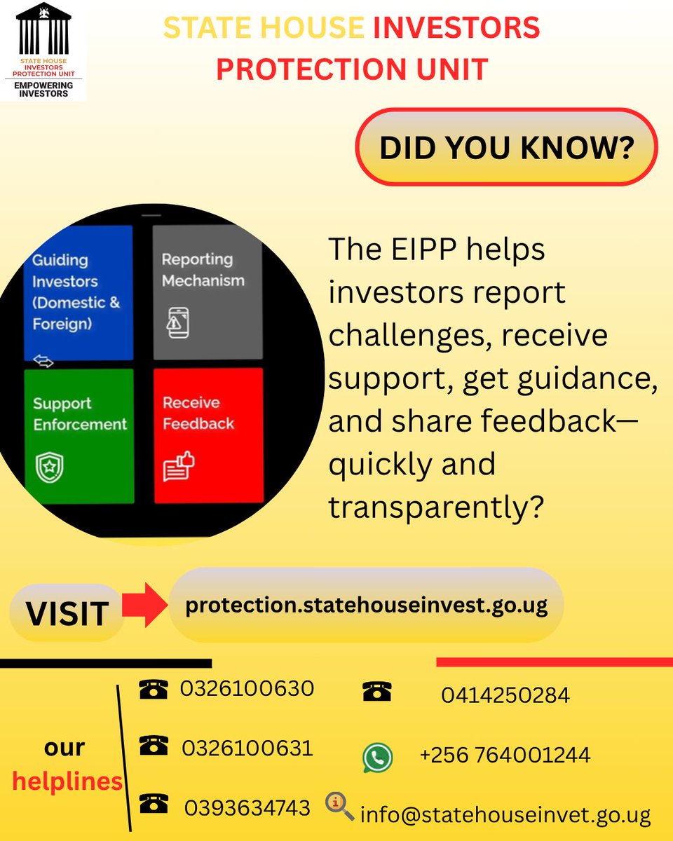 keith__klein's tweet image. With the help of the Electronic Investors Protection Portal (protection.statehouseinvest.go.ug) investors are able to report any challenges faced, receive guidance, share feedback or receive any other support. The EIPP is transparent and secure.
#EmpoweringInvestors