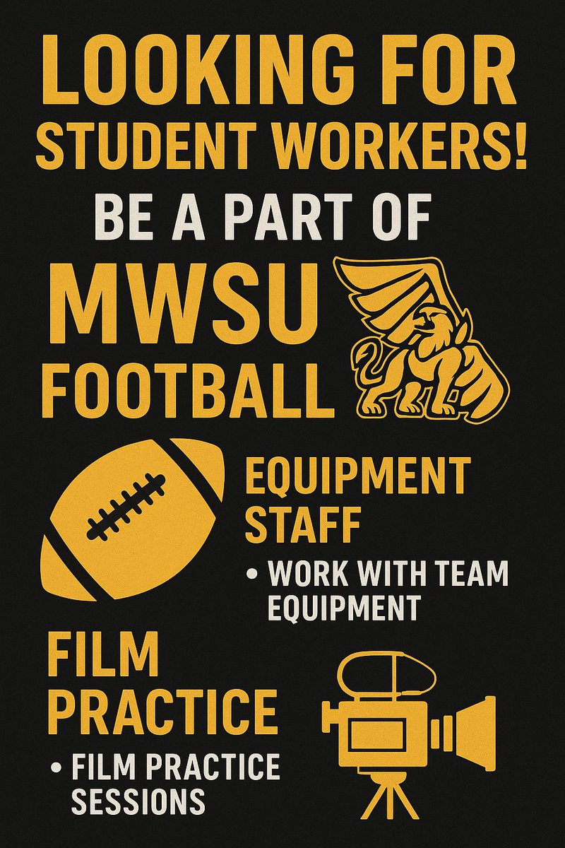 MWSU STUDENTS! If you are interested in getting involved with the football team and want an on campus job - please DM me.