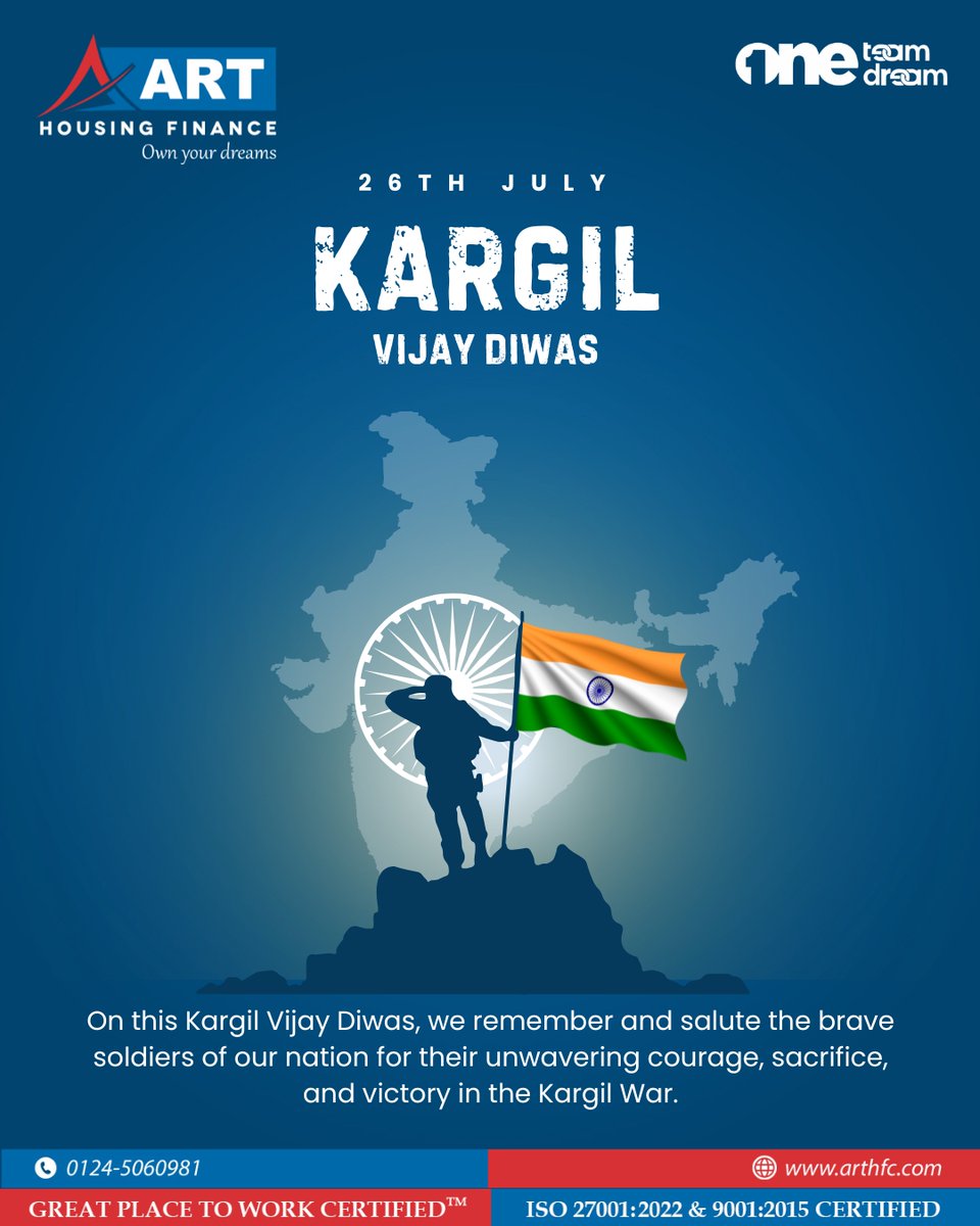 Saluting the spirit of our heroes who made the ultimate sacrifice for the nation. 🇮🇳

#KargilVijayDiwas #ARTHousingFinance #OneTeamOneDream #JaiHind #IndiaFirst