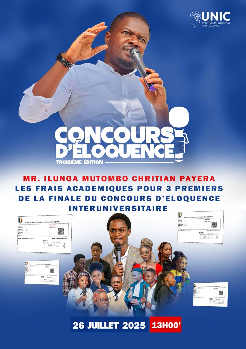 Merveille em's (@emmerveille) on Twitter photo Aujourd’hui, c’est la grande finale du concours d’éloquence !
Mr. <a href="/seigneurCHRIS01/">Ilunga Mutombo Christian</a> recevra le brevet d’excellence devant 1000 personnes pour son engagement envers la jeunesse congolaise. Il prendra aussi en charge les frais académiques des lauréats du concours.
Félicitations 🇨🇩 Aujourd’hui, c’est la grande finale du concours d’éloquence !
Mr. <a href="/seigneurCHRIS01/">Ilunga Mutombo Christian</a> recevra le brevet d’excellence devant 1000 personnes pour son engagement envers la jeunesse congolaise. Il prendra aussi en charge les frais académiques des lauréats du concours.
Félicitations 🇨🇩