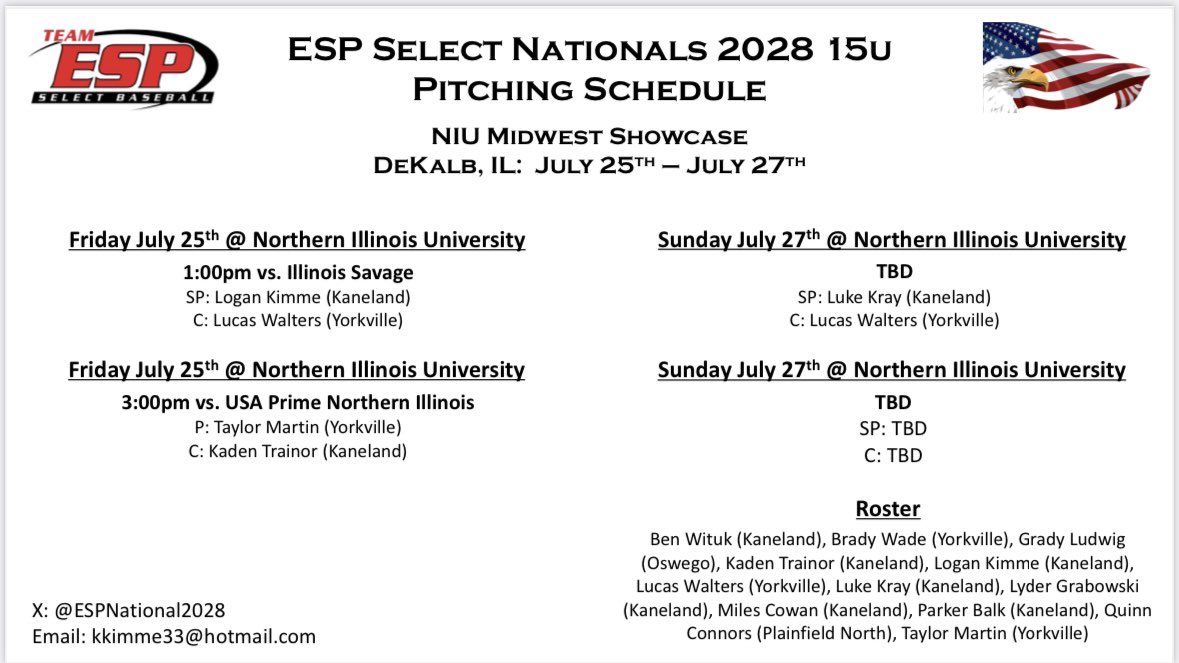 Excited for a weekend at NIU Ralph McKinzie Field! It’s been a great season, looking forward to finishing strong!  Here is our schedule for the weekend. #ESPTrained #ESPFamily
