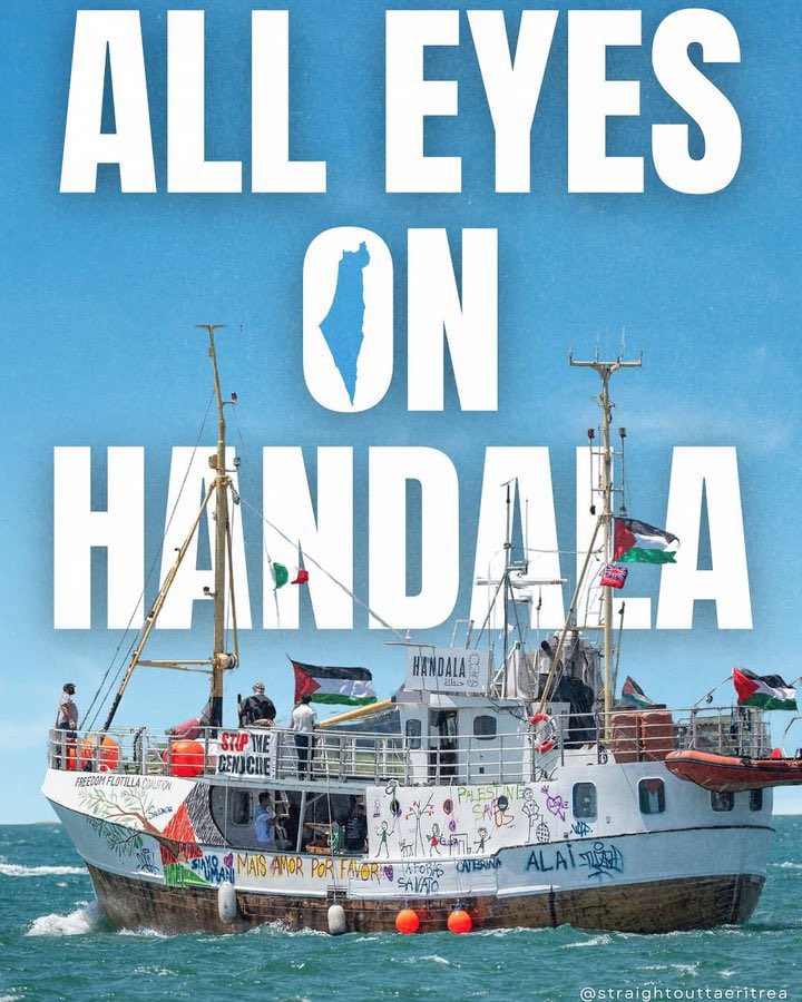 handala0's tweet image. 20 Israeli drones hover over the unarmed Handala Freedom Flotilla as it nears Gaza.
A peaceful aid mission — under threat.