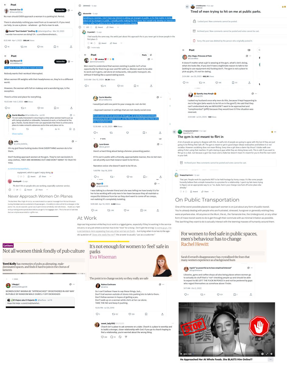 wokal_distance's tweet photo. In order to help women understand why men aren't approaching them I compiled a list of places women said it's not to O.K. to approach them:

-At work
-At church
-out in public
-at malls
-coffee shops
-Libraries
-in public parks
-at restaurants
-at retail stores
-on buses
-public transportation
-sidewalks
-work related events
-parking lots
-at co-working spaces
-grocery stores
-While she is at her car
-In a pub/bar