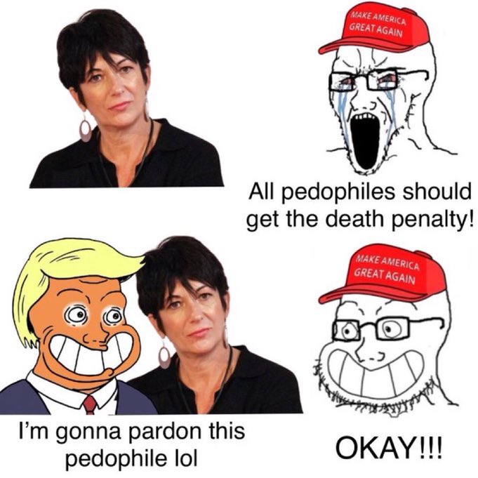 AnimalUnite's tweet image. MAGA in a nutshell! Trump owns their minds and existences.
Ghislaine Maxwell is a monster who kidnapped, trafficked, and “trained” girl-children to be sexually molested by Epstein and his government friends.
Maxwell doesn’t need a pardon, she needs Trump to join her in prison.