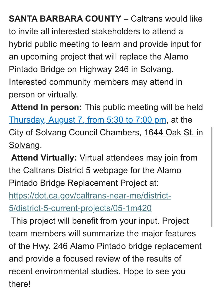 CaltransD5's tweet image. The public is invited to our public meeting in Solvang on Thursday, August 7. Details on this hybrid meeting below.
@CaltransHQ