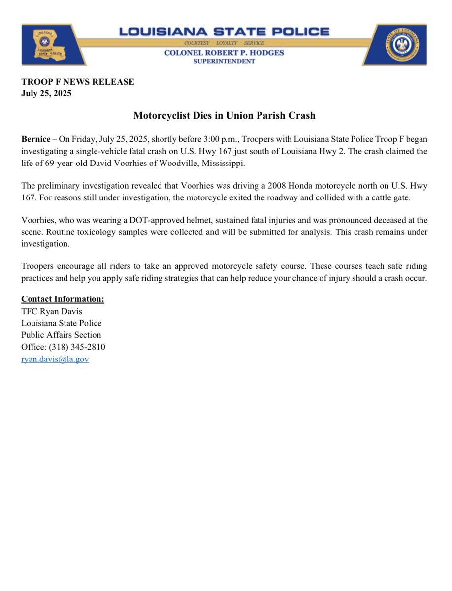 LAStatePolice's tweet image. Motorcyclist Dies in Union Parish Crash